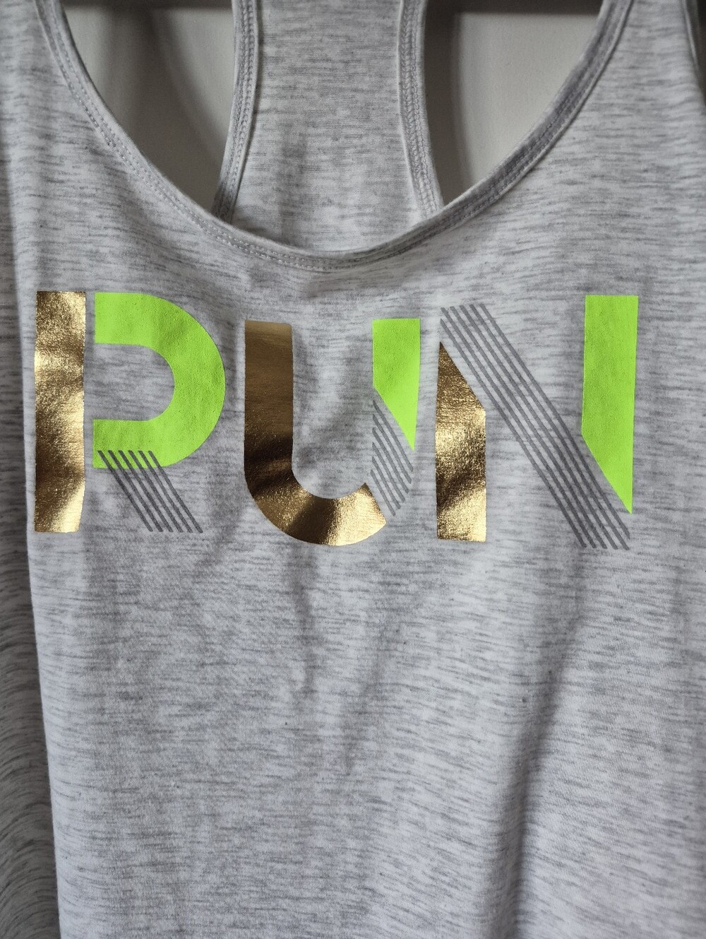 Performance RUN Graphic Racerback Tank - Light Gray / Gold / Neon Green - Picture 2 of 7